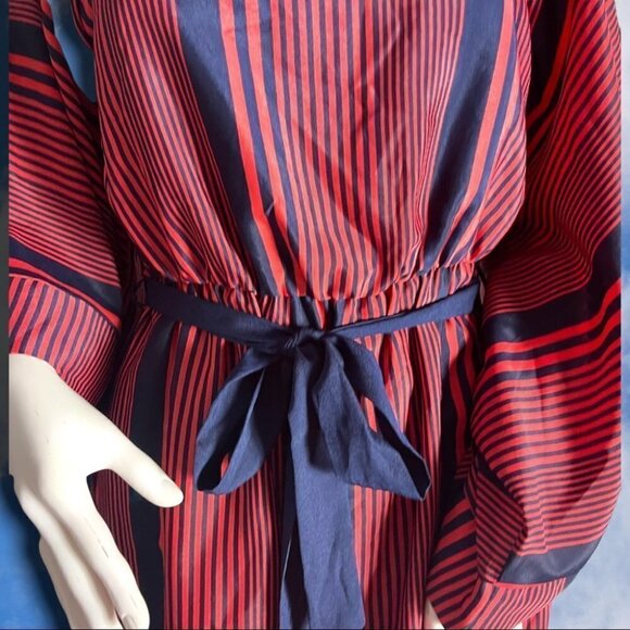 MAUDE Anthropologie Bell Sleeve Striped babydoll Mini Dress Orange & Navy Medium - Picture 3 of 15